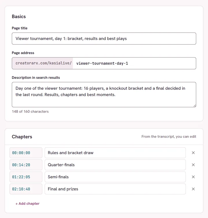 Reviewing a Pin page before publishing: title, address, description and timed chapters