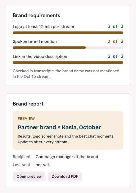 Brand requirements checked against recordings and a brand report preview with a PDF download