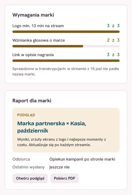 Wymagania marki odhaczone na podstawie nagrań i podgląd raportu dla marki z przyciskiem pobrania PDF